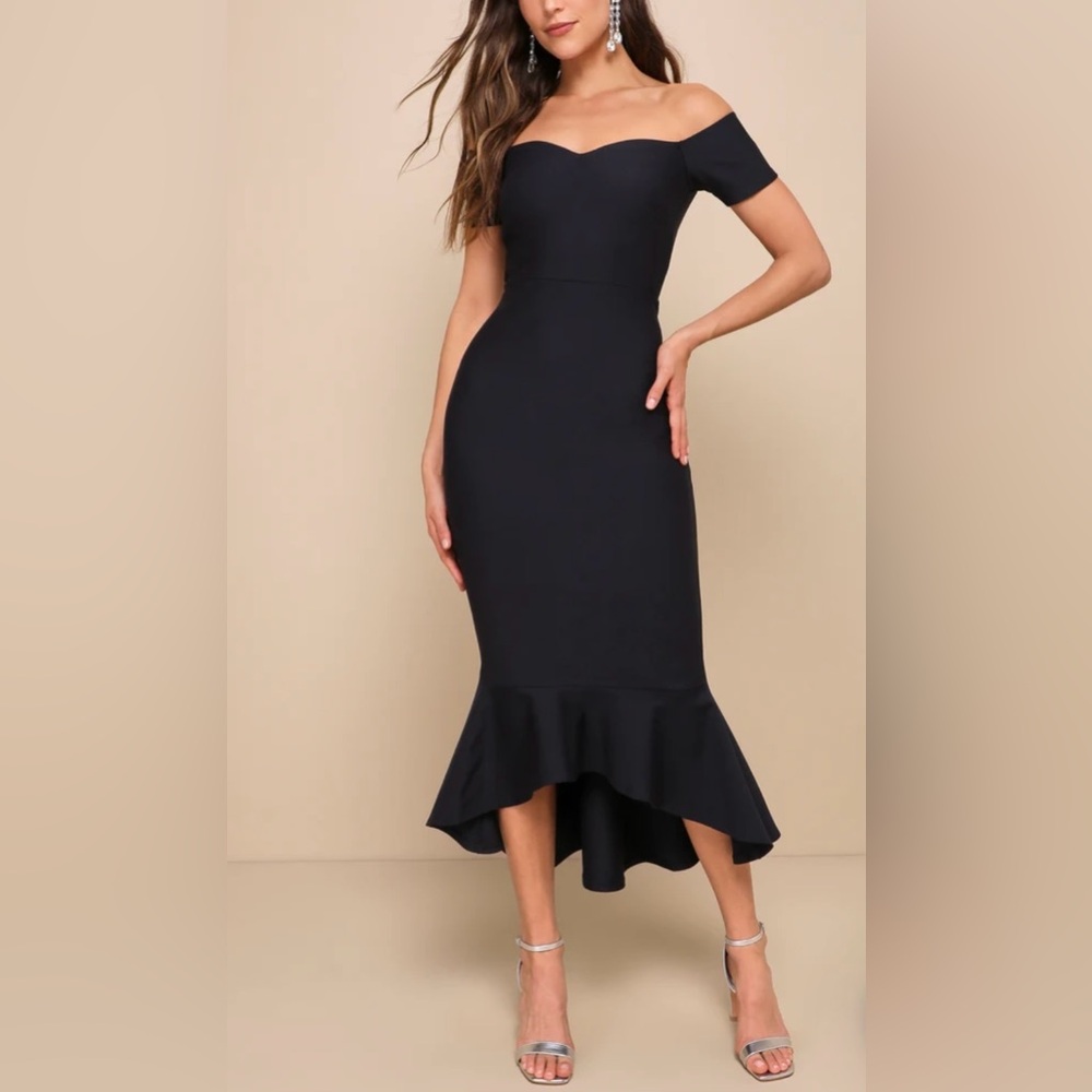 How Much I Care Midnight Blue Off-the-Shoulder Midi Dress - Lulus